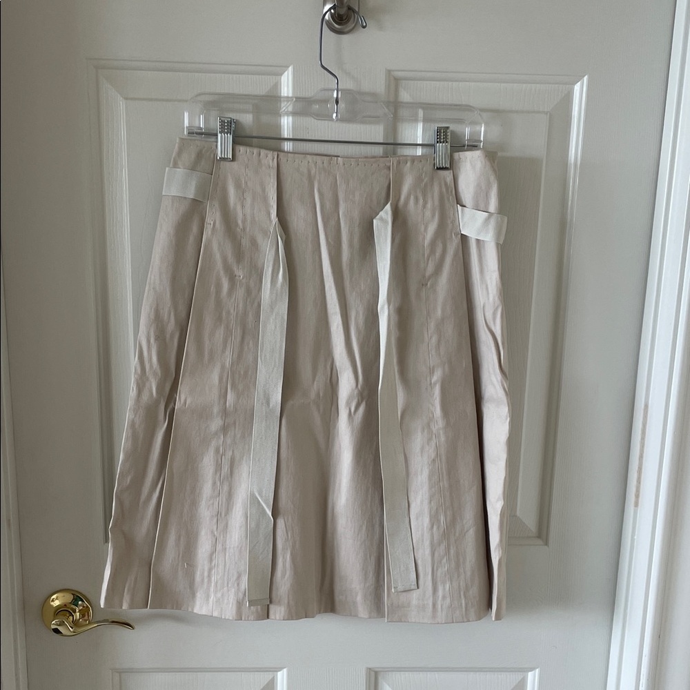 Vintage Tahari Beige Linen Pleated Skirt with Ribbon Detail